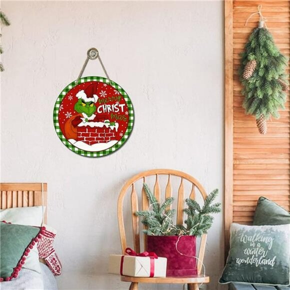 Merry Christmas Sign for Front Door Decor, Green Xmas Holiday Wood Door Hanger - Picture 5 of 7